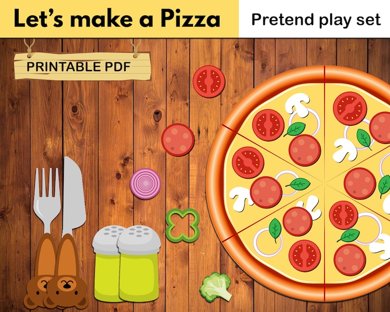 Pu&ograve; includere: Set di gioco di finzione di pizza stampabile con condimenti come pepperoni, funghi, cipolle e pomodori. Il set include una pizza, un coltello, una forchetta, sale e pepe e un cartello di legno che dice "PDF stampabile".