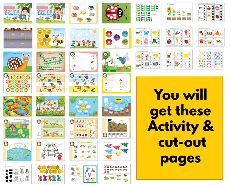 May include: A set of 28 printable activity and cut-out pages featuring spring-themed illustrations. The pages include activities like mazes, dot-to-dot, counting, and matching.