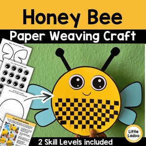 May include: A yellow and black paper weaving craft kit with the words "Honey Bee Paper Weaving Craft" at the top. The kit includes instructions and paper cutouts for a bee craft. The bee has blue wings and black antennae.