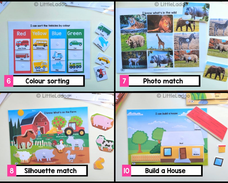 May include: A set of four educational activity cards for children. The cards feature colorful illustrations and activities such as color sorting, photo matching, silhouette matching, and building a house. The cards are designed to help children learn and develop their skills.