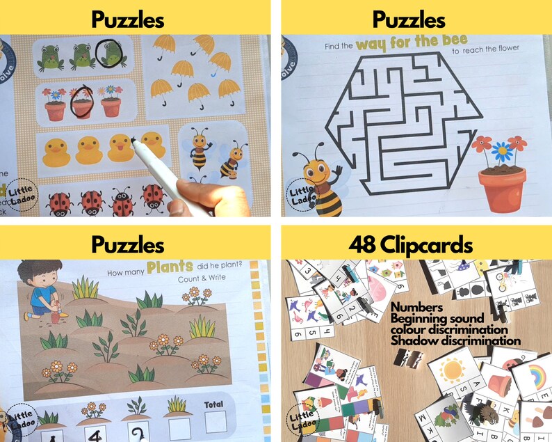 May include: A set of 48 colorful clip cards for early learning. The cards feature numbers, beginning sounds, color discrimination, and shadow discrimination activities.