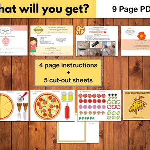 Pu&ograve; includere: Un pacchetto di attivit&agrave; stampabile in PDF per fare la pizza. Il pacchetto include 9 pagine con istruzioni, fogli da ritagliare e un'attivit&agrave; a tema pizza. L'immagine di copertina mostra una pizza con il testo "World's Most Delicious Pizza" e "Made by The Little Lader".