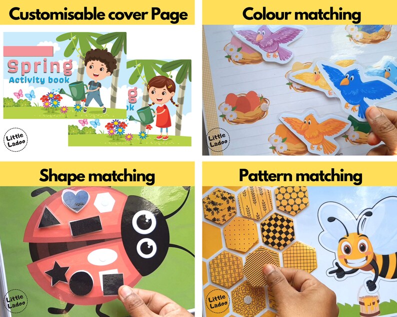 May include: A set of four activity books for children featuring a spring theme. The books include a customizable cover page, color matching, shape matching, and pattern matching activities. The books are illustrated with colorful images of birds, bees, flowers, and other spring-themed elements.