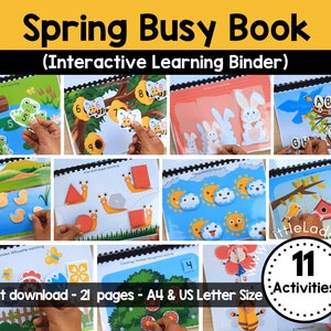 May include: A colorful spring-themed busy book with 11 activities. The book includes pages with numbers, letters, shapes, and other activities for young children. The book is designed to be interactive and engaging for kids. Instant download - 21 pages - A4 & US Letter Size.
