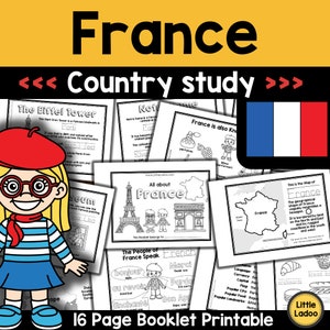 May include: A 16-page printable booklet about France. The booklet includes black and white illustrations of the Eiffel Tower, the Arc de Triomphe, and a map of France. The booklet also includes information about the French language, culture, and food. The booklet is perfect for kids learning about France.