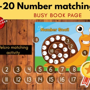 May include: A vibrant number matching busy book page, showcasing a cheerful cartoon snail with numbers 1-20. Includes a Velcro matching activity and a "Number Master" badge. The background has a wood effect.