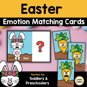 May include: Easter-themed emotion matching cards for toddlers and preschoolers. The cards feature cartoon bunnies and carrots with various facial expressions. The text on the cards includes "Mad" and "Emotion Matching Cards".