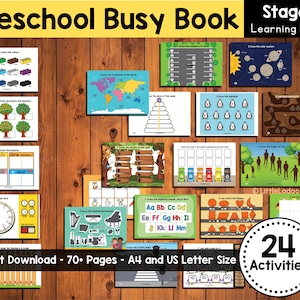 May include: A set of 24 printable preschool busy book activities for kids. The colorful pages feature a variety of educational activities, including matching colors, counting, learning the alphabet, and more. The pages are designed to be printed on A4 or US letter size paper. Instant download.
