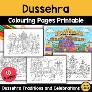 Könnte beinhalten: Ein Set aus 10 ausdruckbaren Dussehra-Malvorlagen mit schwarz-weißen Strichzeichnungen von Festtagsmotiven, darunter eine Elefantenprozession, ein Jahrmarkt mit Riesenrad und Ravana-Figuren, ergänzt durch eine farbig gestaltete Beispielseite.