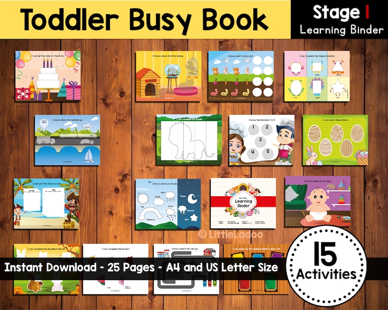 Toddler Busy Book Printable with 15 Activities. First Learning binder, Toddler learning folder, File folder Games, Printable Quiet Book