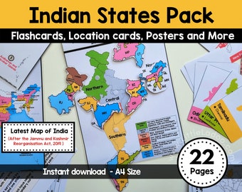 Indian States and Union Territories - Printable Pack with Flashcards, Posters, Location Cards, Lists and More