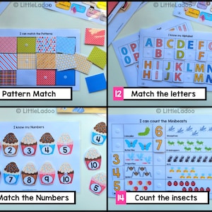 May include: Four colorful educational activity cards with matching pieces. The cards feature activities for learning patterns, letters, numbers, and counting insects. The cards are labeled with the titles "I can match the Patterns", "I know my Alphabet", "I know my Numbers", and "I can count the Minibeasts".