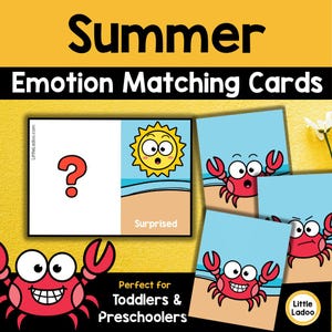 May include: Summer Emotion Matching Cards with a yellow background. The cards feature a question mark, a surprised sun, and cartoon crabs. Text includes "Summer", "Emotion Matching Cards", and "Perfect for Toddlers & Preschoolers".
