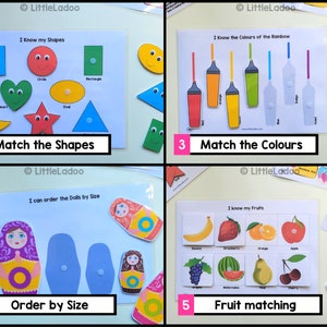 May include: Five colorful educational activity cards for children. The cards feature matching games for shapes, colors, fruits, and sizes. The cards are printed with colorful illustrations and text.