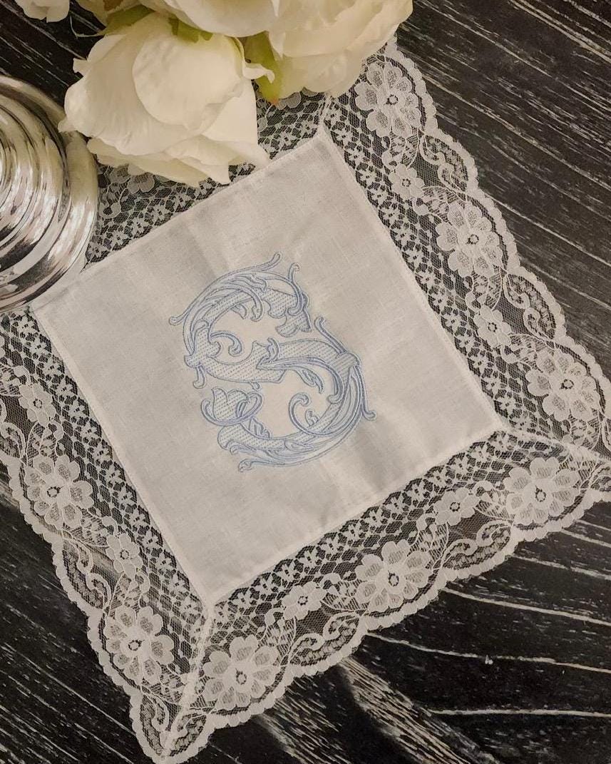 Something Blue Wedding Handkerchief, Personalized Bride Gift, Vintage Monogram Hanky, Future Last Name Initial, Blue Lace Trim Hankie