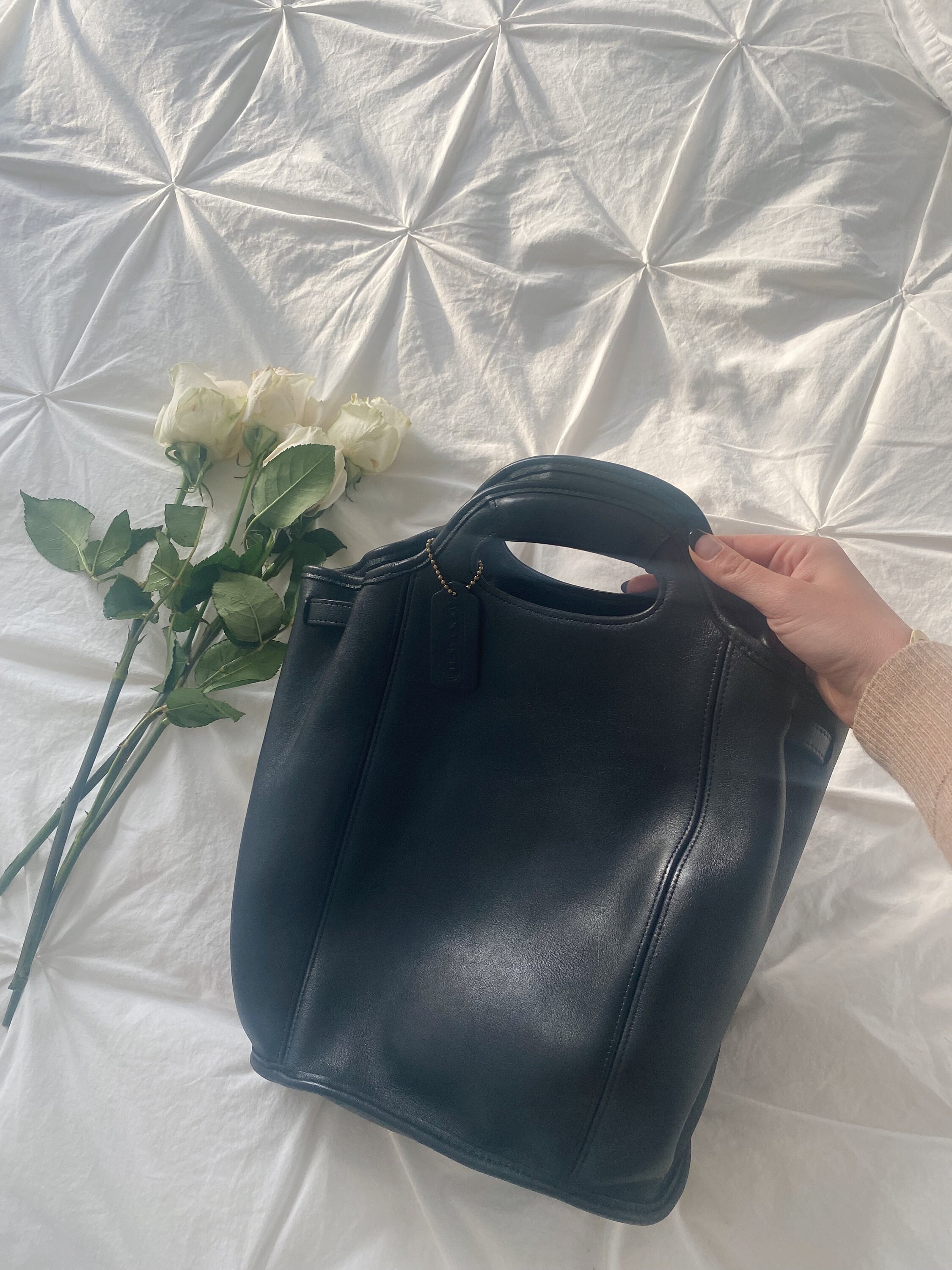 Vintage Black Leather Coach Backpack With Top Handle 