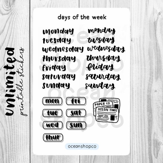 DAY STICKERS // Days of the Week Weekly/monthly Stickers // | Etsy