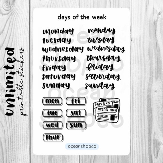 DAY STICKERS // Days of the Week Weekly/Monthly Stickers // aesthetic,  printable, digital