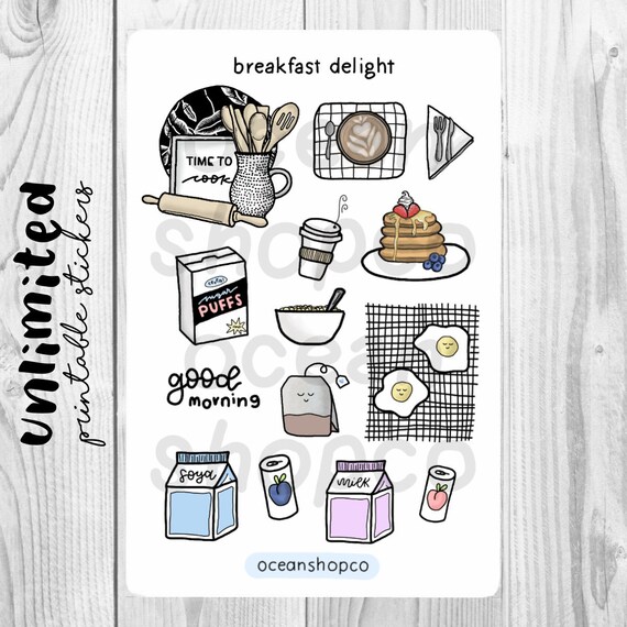 aesthetic food stickers breakfast delights printable etsy singapore