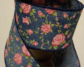 Blue Denim/Pink Flower Chintz Wired Ribbon  2.5 X 5 yards
