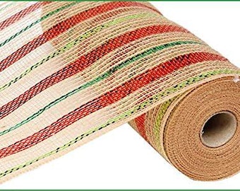 Jute Poly Mesh Green Red Burlap 10.5" x 10 yards, Decorative Mesh, Jute Metallic Mesh