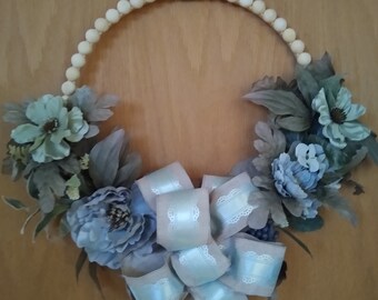 Peony Poppy Teal Wreath, Front Door Decor, Everyday Wreath, Floral Wreath, Wooden Bead Floral Wreath