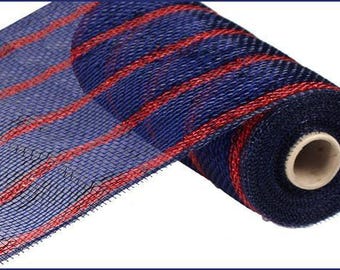Deco Poly Mesh: Deluxe Metallic Navy with Red Laser Stripe 10 x 10 yards