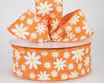 Daisy Flower Wired Ribbon: Orange Background 2.5" x 5 yards