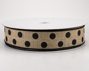 Linen Polka Dot Wired Ribbon: Black on Natural 1.5" x 10 yards