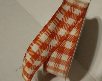 Classic Plaid Check Wired Ribbon: Pumpkin Orange  & White 5/8" x 10 yards