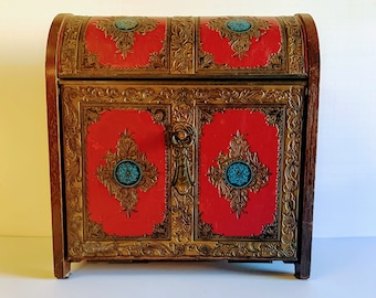 Rare Vintage wooden jewelry chest with red hand tooled leather European 8 3/4” T x 8 3/16” W x 4 5/ 8” front to back Xlnt. Collectible/gift