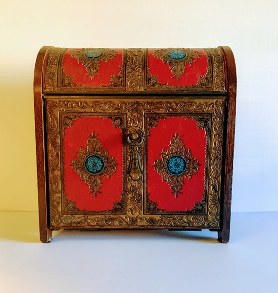 Rare Vintage wooden jewelry chest with red hand t… - image 1