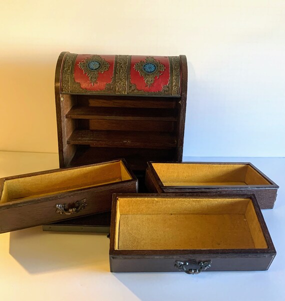 Rare Vintage wooden jewelry chest with red hand t… - image 3