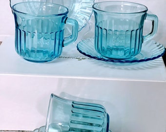 Vintage Fortecrisa blue azure collection glass , set of 3 cups and saucers coffee or tea cups stamped Mexico13 and Fortecrisa on the bottom