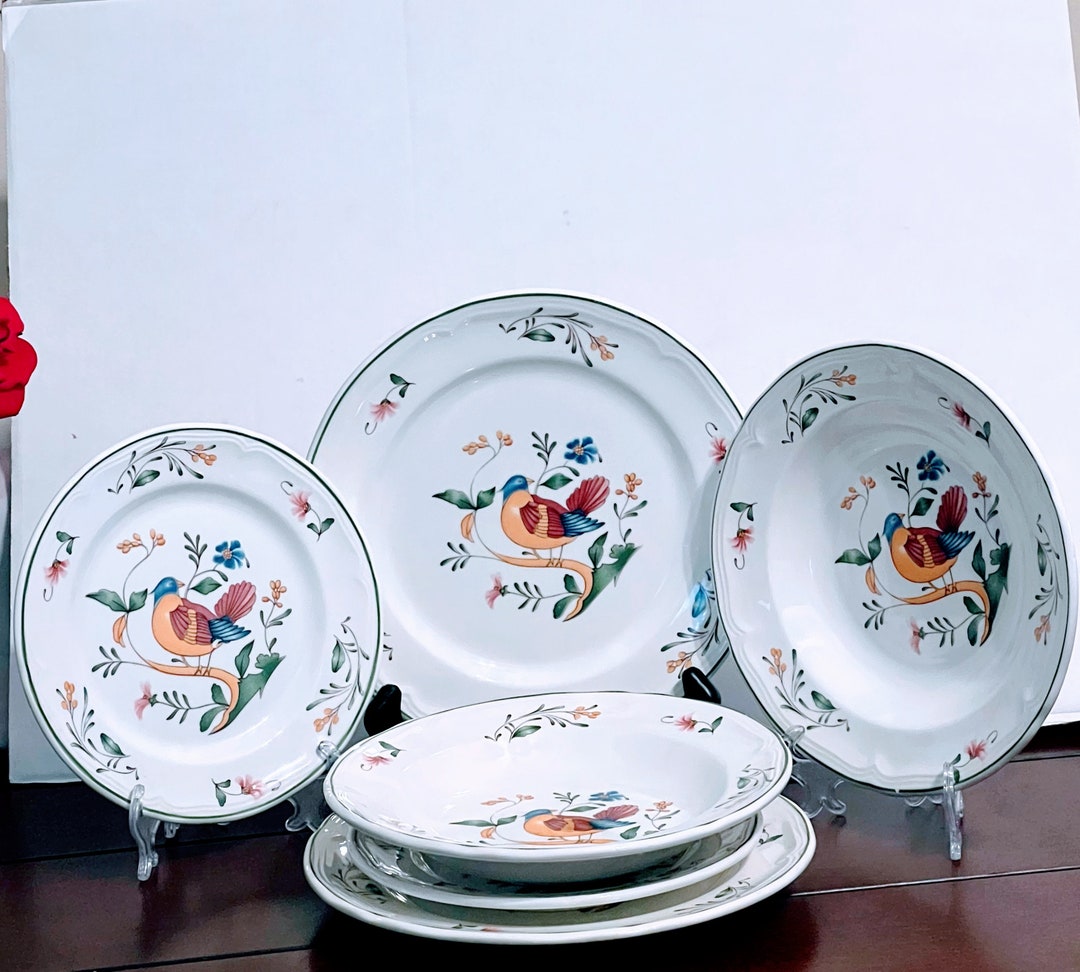 Quadrifoglio Ceramic Italy, Bird Floral Trim Set of 6 With Green Rim