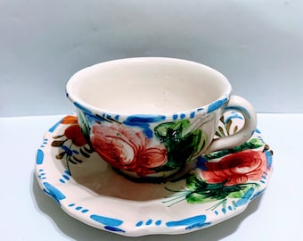 Rare vintage Italy demitasse floral pattern cup and saucer both stamped with Italy , cup 3 7/8” opposite rim to handle, 1 3/4” T