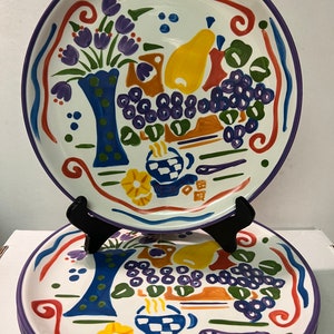 Libbey handbemalte mehrfarbige Teller Set mit 4 Blumen und Essen Motiv 10 1/2 &quot;Durchmesser schöne lebendige Farben