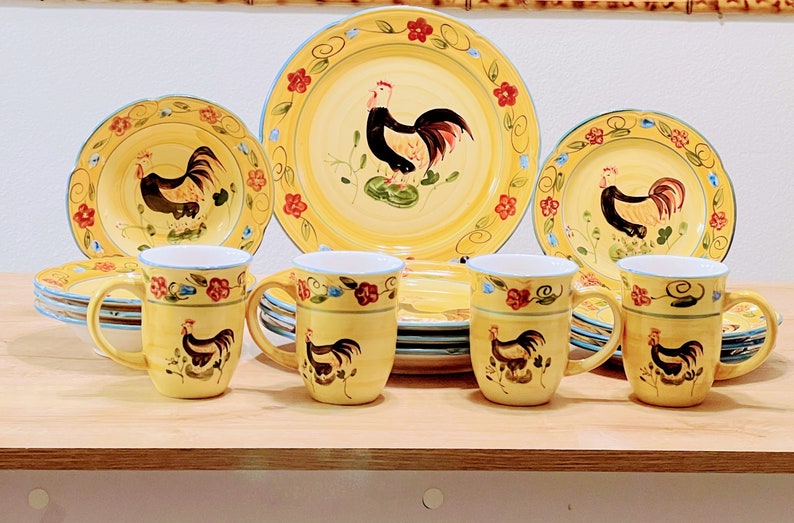 Chicken Dinnerware Set 16PC Vintage Home Dinnerware Set , Hand Painted Rooster Design Dinner ...