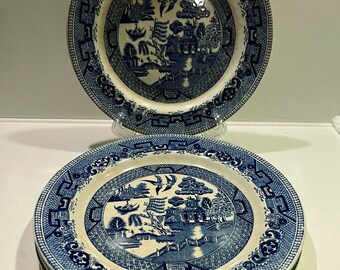 4 piece Willow Ridgeway England engraved 1832 semi china willow Asian motif blue and white transfer ware salad plates 8” in diameter