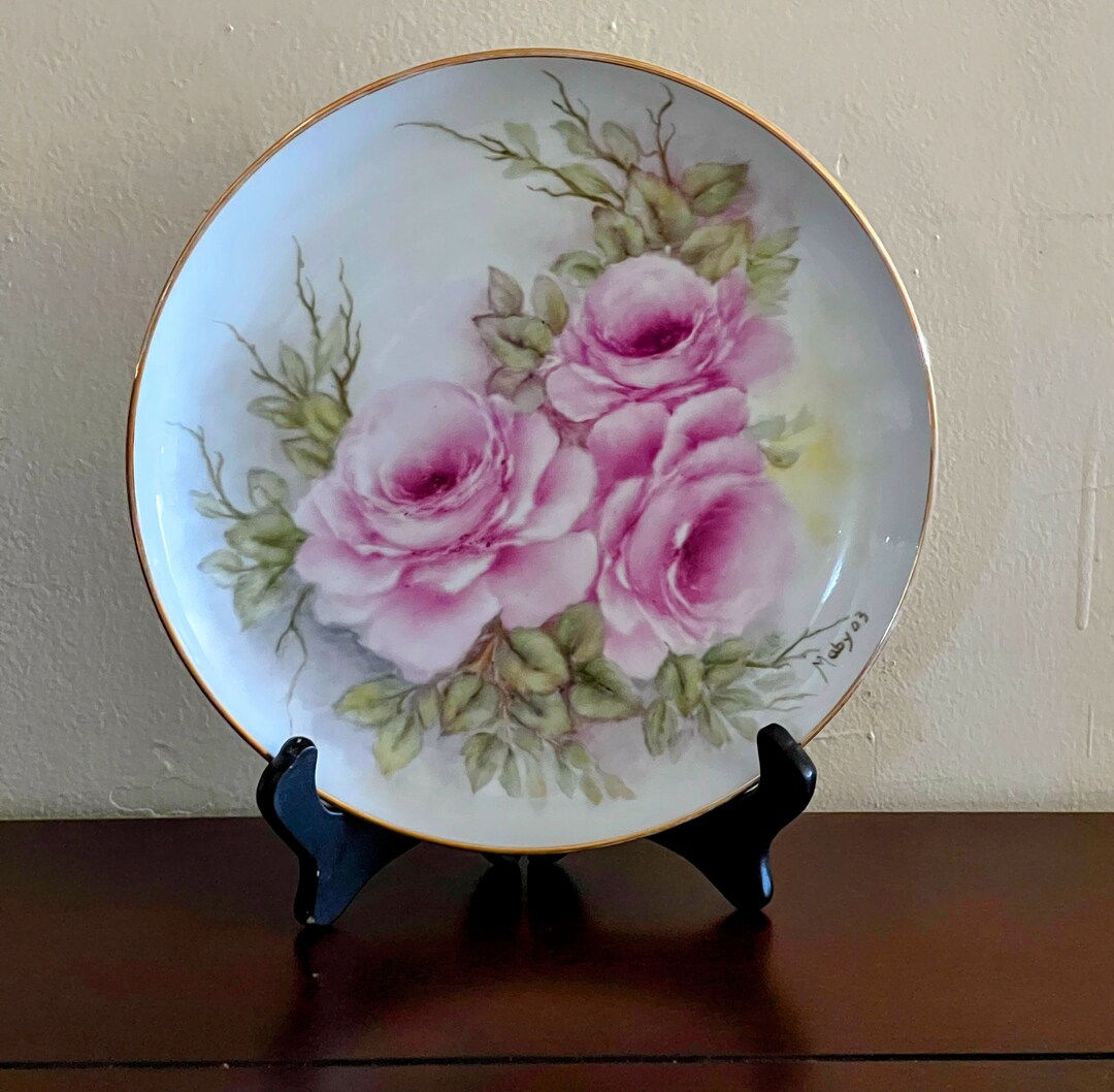 Vintage Hand Painted Porcelain Fine China Pink Rose Decorative Plate 10 ...