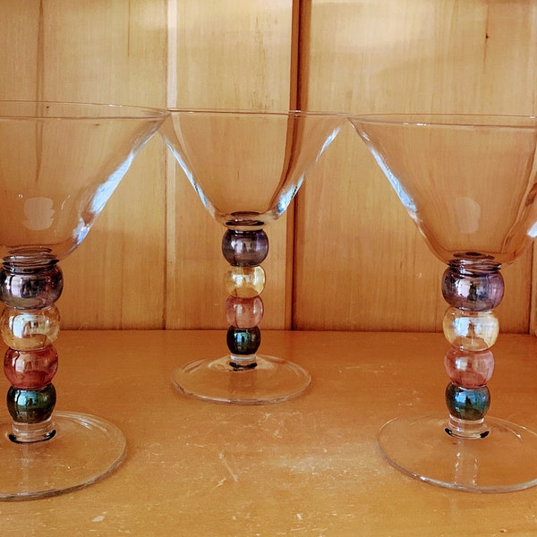 Lot de 3 verres à martini/champagne à tige boule impériale vintage tige boule multicolore élégante beauté accrocheuse base et bol transparents
