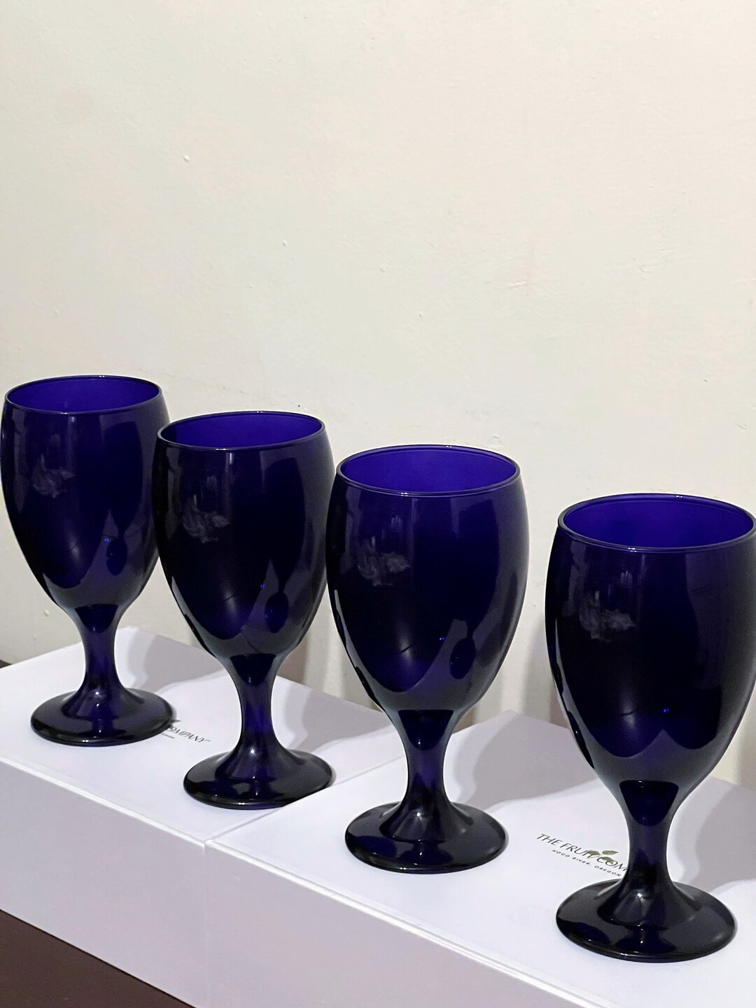 Vintage Set of 4 Dark Blue Wine Glasses With Stem Excellent Etsy
