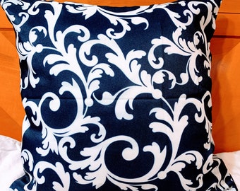 White Navy Blue throw pillow paisley pattern invisible zipper 18”x18” (square)