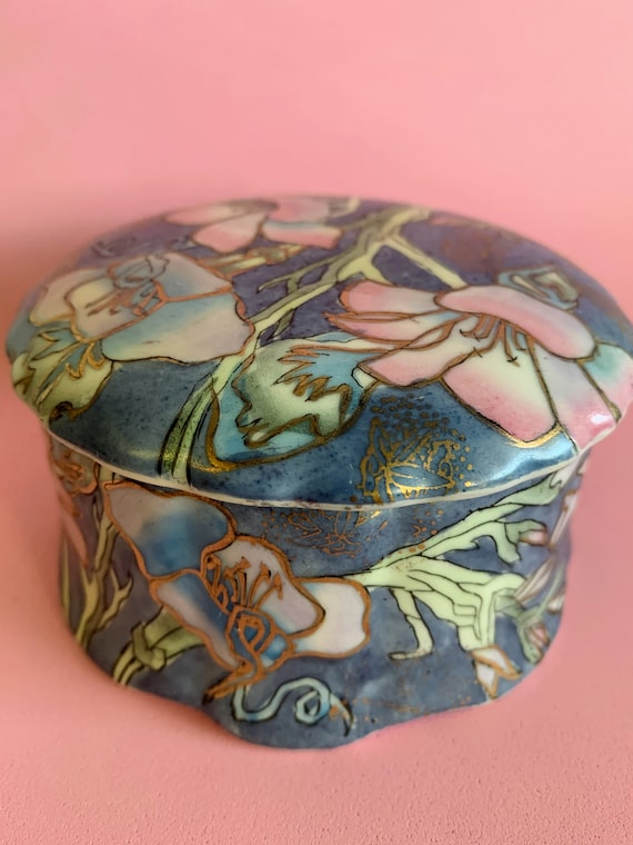 Vintage round blue and pink trinket box decorated… - image 1