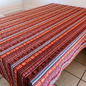 Vintage woven textile tablecloth, is a work of art featuring bold stripes embroidered design in mixed motif 90” x 55” 1/2 W