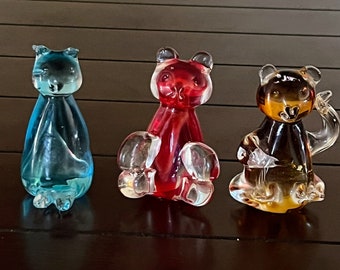 Vintage hand blown glass cat and two bears paperweights teal blue, ruby red and coffee brown set of three