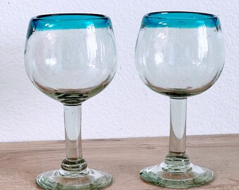 Lot De 4 Verres à Margarita Mexicains Soufflés à La Main - 16oz Avec Bords Bleu Aqua | Artisanaux Et Sans Plomb