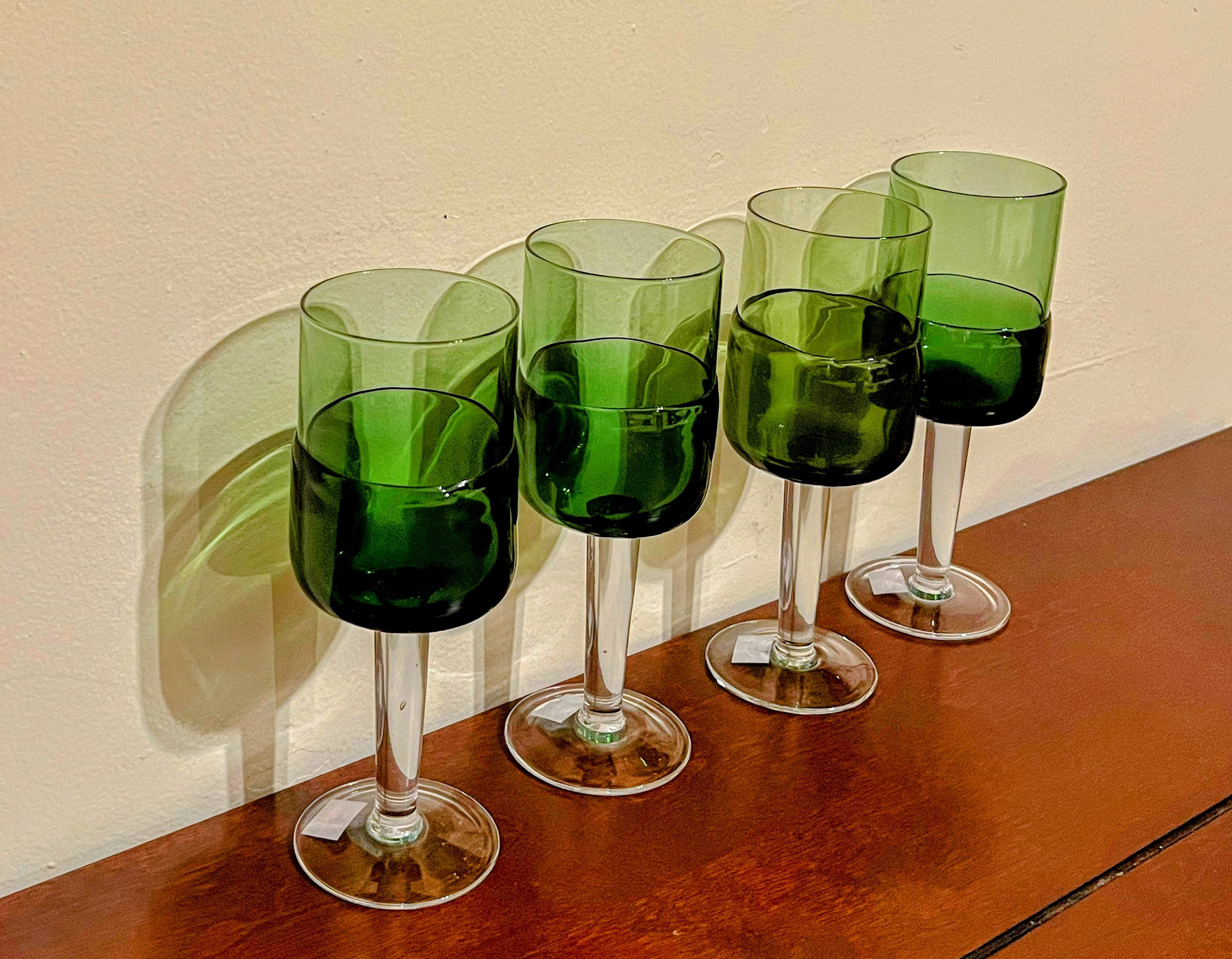 Vintage hand blown olive green wine/water goblets with green glass over lay clear stem and pedestal this original unique design 8 1/4” T