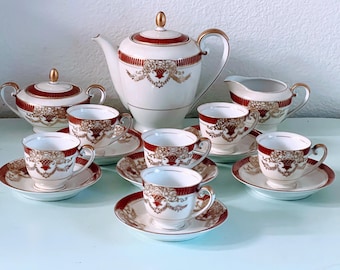 Legle Porcelain Limoges Gold Encrusted Set 6 Demitasses, 5 Saucers
