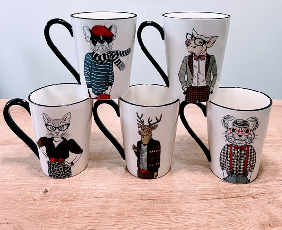 Set of 5 , Signature Housewares Hipster Cat Coffee Mugs, Ceramic Cat Design  Holds 16 Oz Liquid 